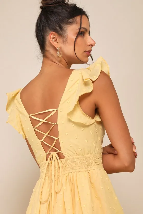 Charming Decision Yellow Swiss Dot Ruched Tiered Midi Dress sold by Lulus product image thumbnail 4