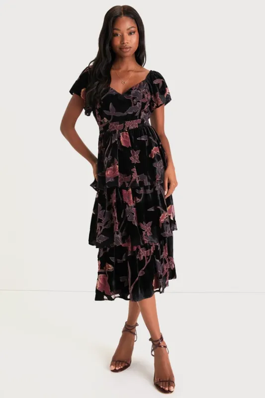 Oh-So Lovely Black Floral Burnout Velvet Tiered Midi Dress sold by Lulus