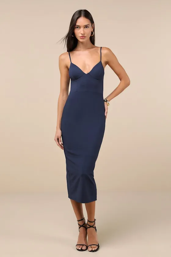 Sophisticated Soiree Navy Blue Bustier Midi Bodycon Dress sold by Lulus
