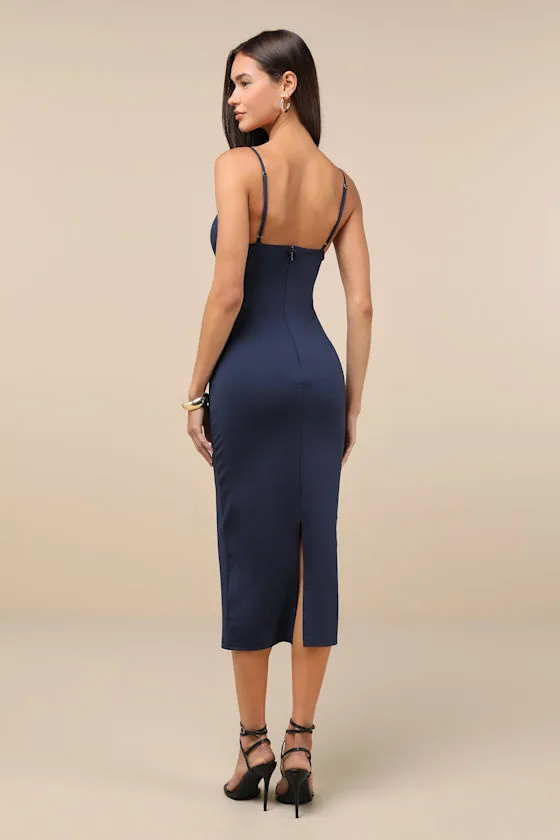 Sophisticated Soiree Navy Blue Bustier Midi Bodycon Dress sold by Lulus product image thumbnail 2