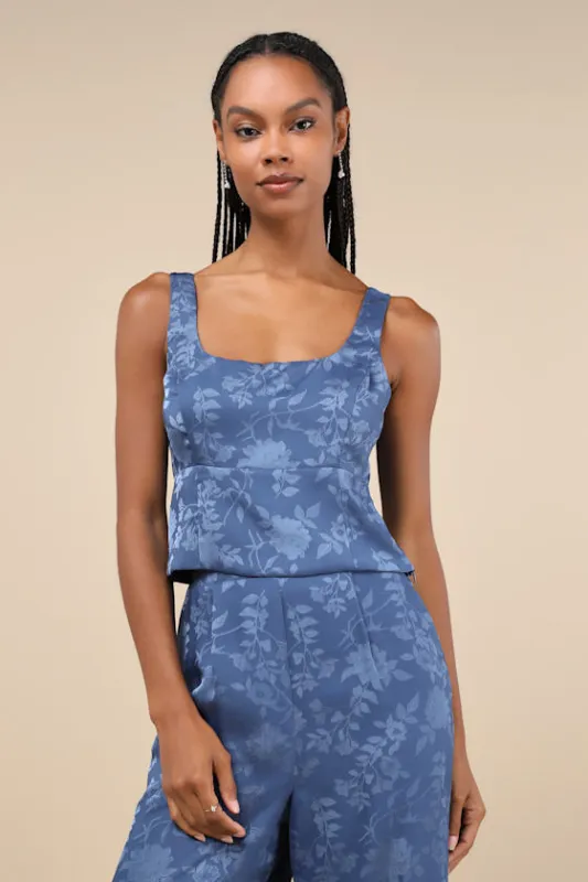Significant Elegance Dark Blue Floral Jacquard Crop Top sold by Lulus