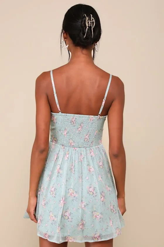 Flirty Dreamer Sage Floral Bustier Lace Ribbon Mini Dress sold by Lulus product image thumbnail 2