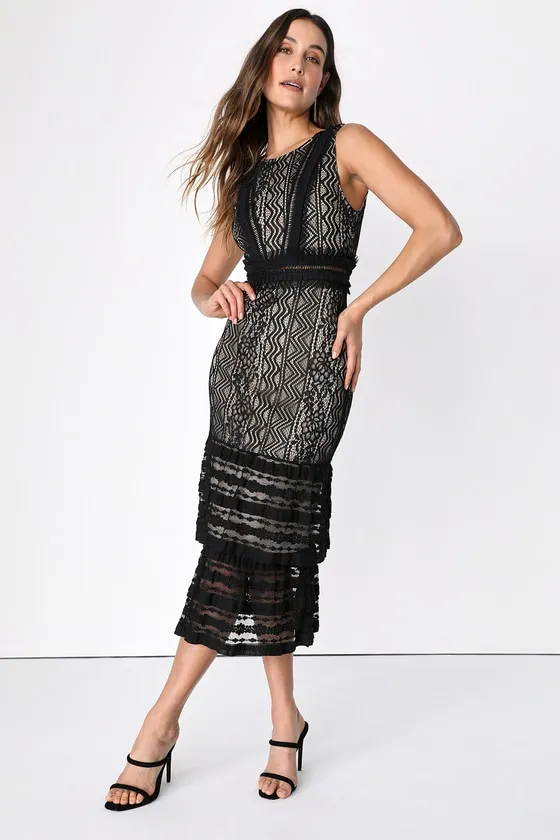 Garden Soirée Black Lace Sleeveless Tiered Midi Dress sold by Lulus