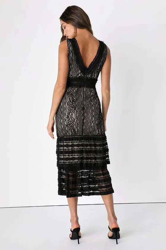 Garden Soirée Black Lace Sleeveless Tiered Midi Dress sold by Lulus product image thumbnail 4