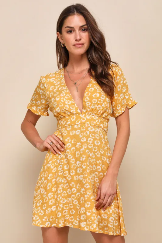Garden Explorer Mustard Yellow Floral Print Mini Dress sold by Lulus