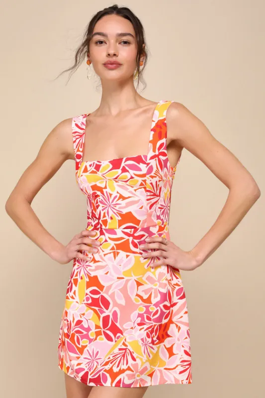 Effortless Joy Pink Multi Floral Print Lace-Up Mini Dress sold by Lulus