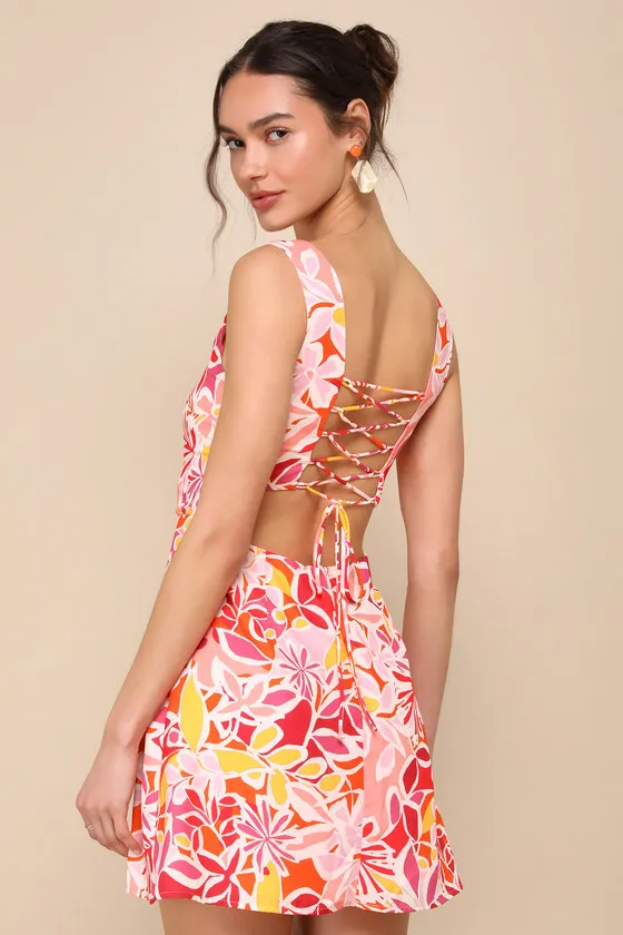 Effortless Joy Pink Multi Floral Print Lace-Up Mini Dress sold by Lulus product image thumbnail 4