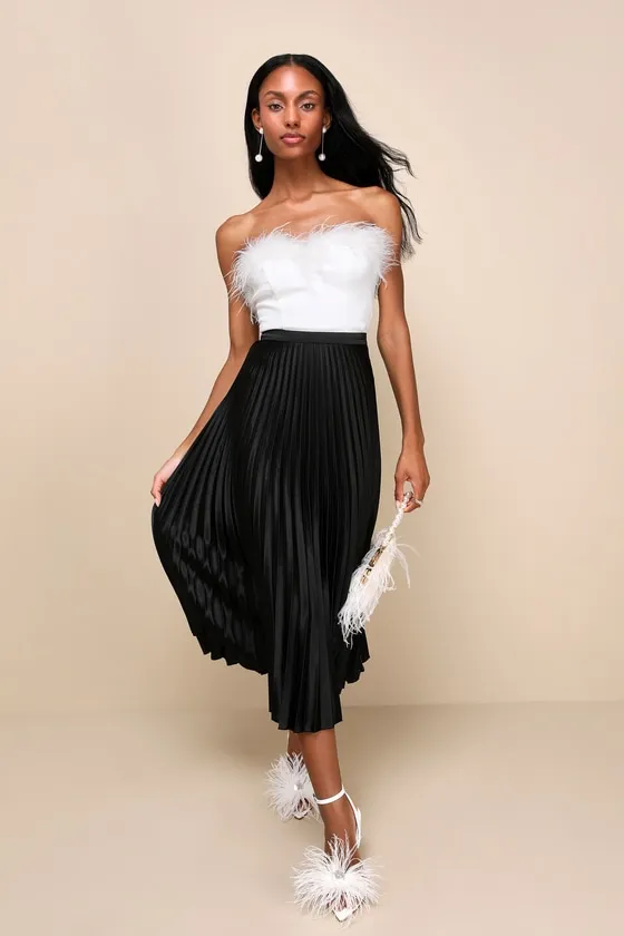 Fashionable Babe Black Satin Pleated Midi Skirt sold by Lulus