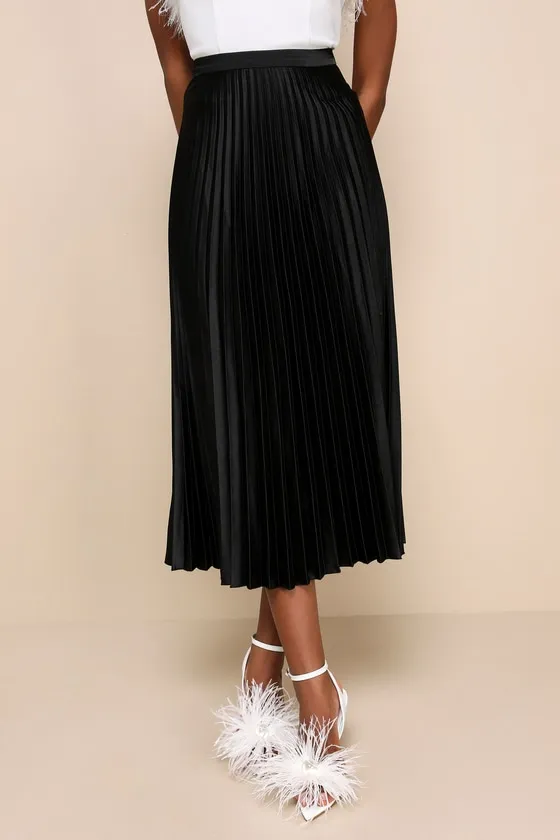 Fashionable Babe Black Satin Pleated Midi Skirt sold by Lulus product image thumbnail 2