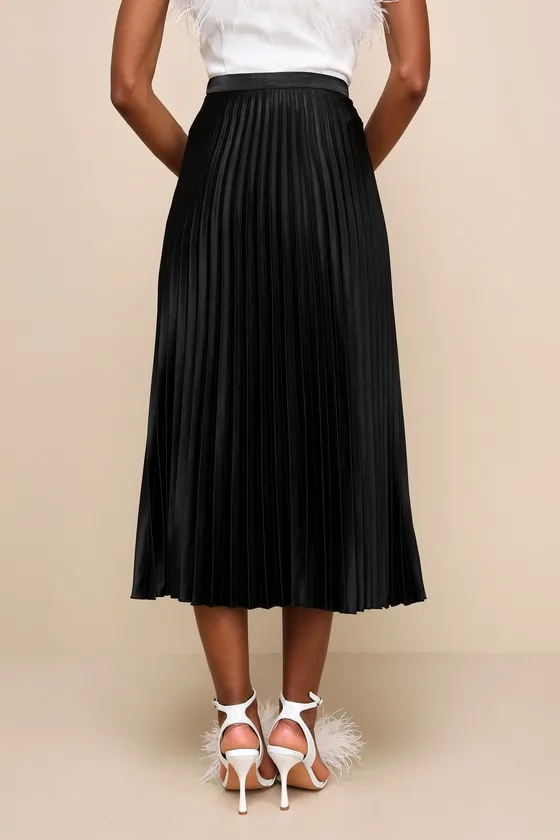 Fashionable Babe Black Satin Pleated Midi Skirt sold by Lulus product image thumbnail 3