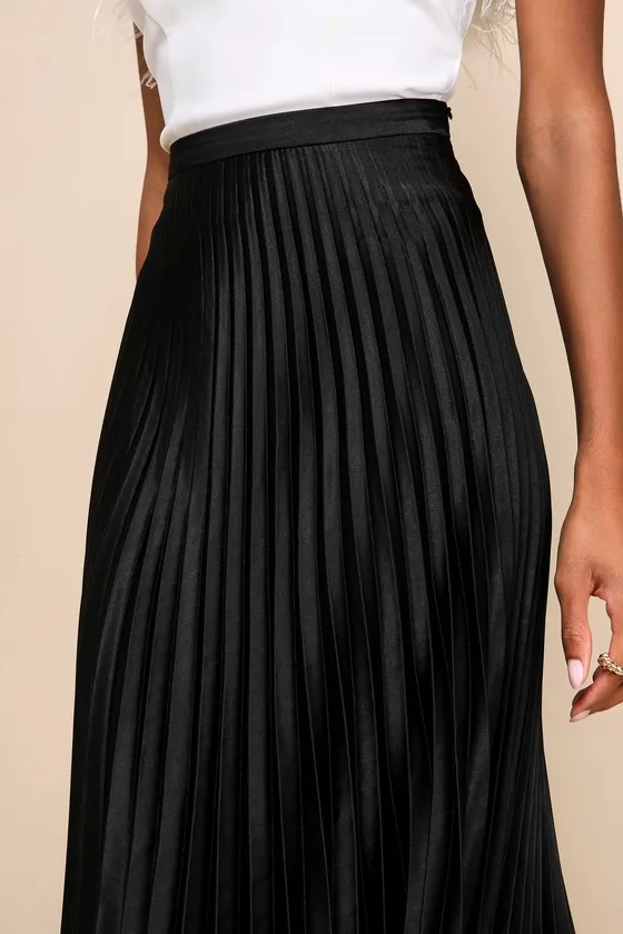 Fashionable Babe Black Satin Pleated Midi Skirt sold by Lulus product image thumbnail 4