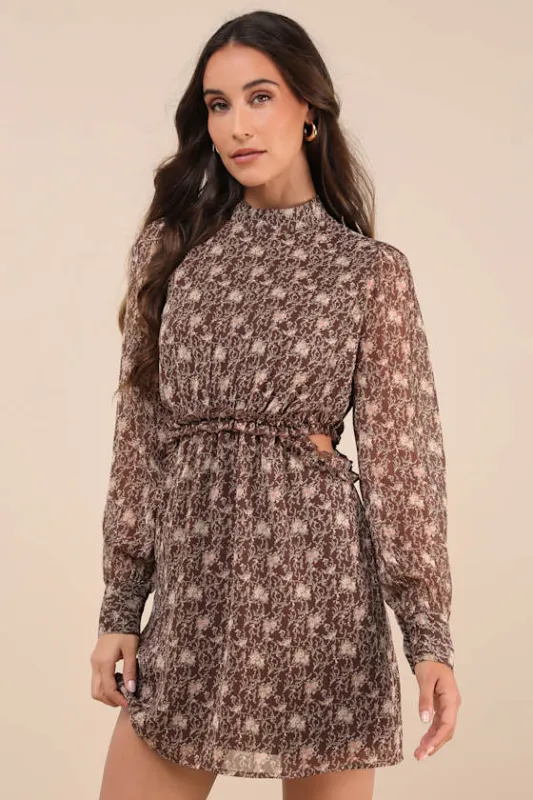 Autumn Bliss Brown Floral Print Long Sleeve Cutout Mini Dress sold by Lulus