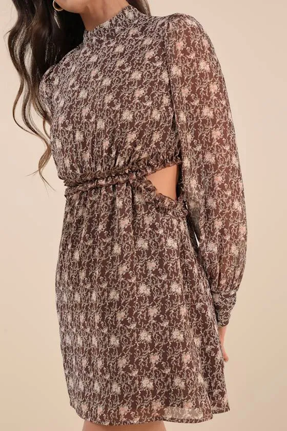 Autumn Bliss Brown Floral Print Long Sleeve Cutout Mini Dress sold by Lulus product image thumbnail 4