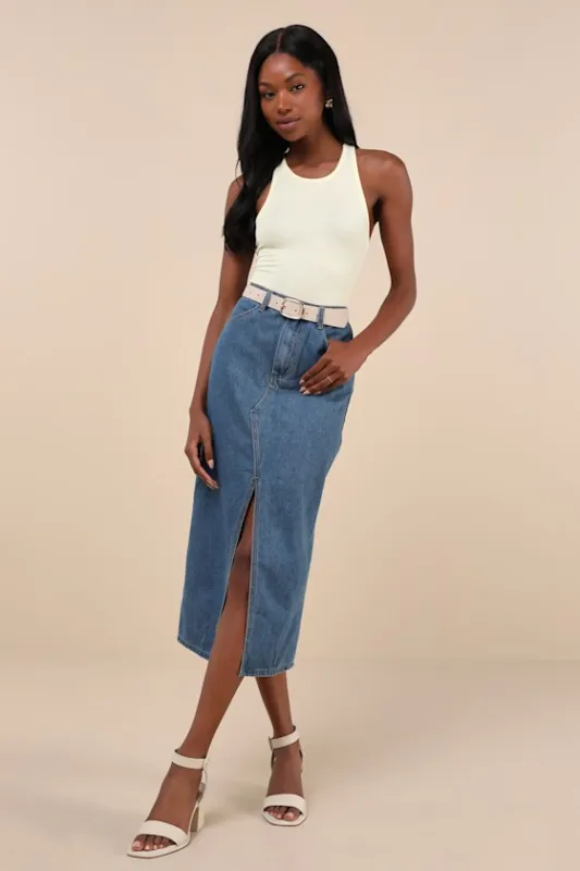 Darling Trend Medium Wash Denim Midi Skirt sold by Lulus