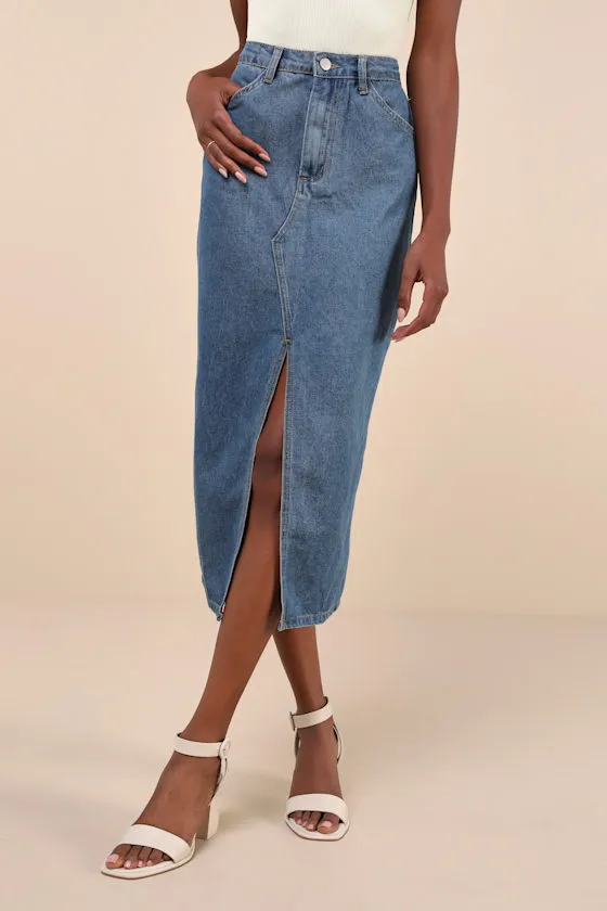 Darling Trend Medium Wash Denim Midi Skirt sold by Lulus product image thumbnail 2