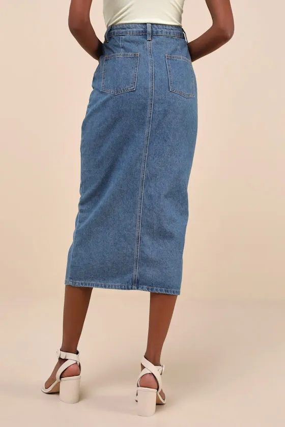 Darling Trend Medium Wash Denim Midi Skirt sold by Lulus product image thumbnail 3