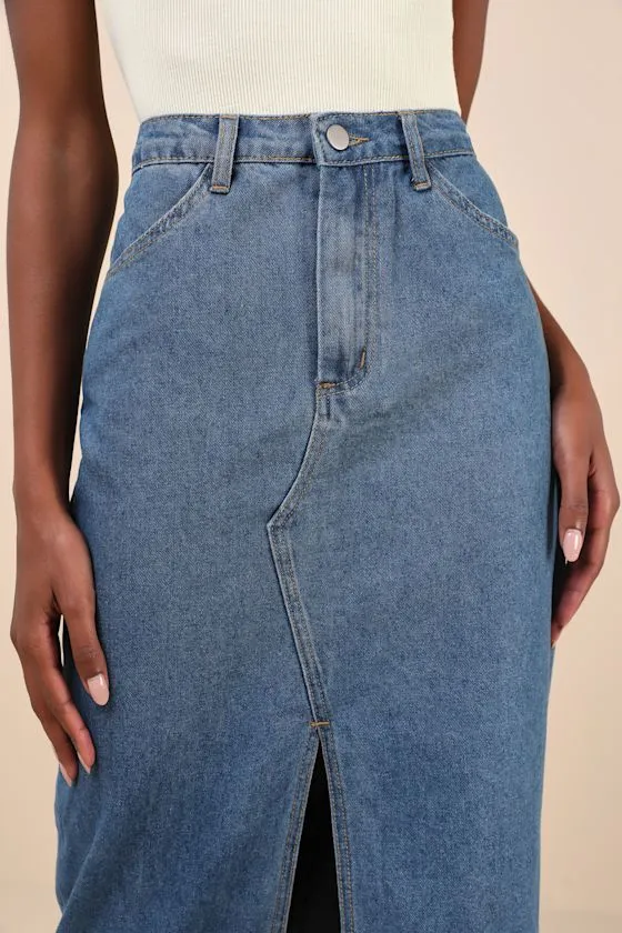 Darling Trend Medium Wash Denim Midi Skirt sold by Lulus product image thumbnail 4