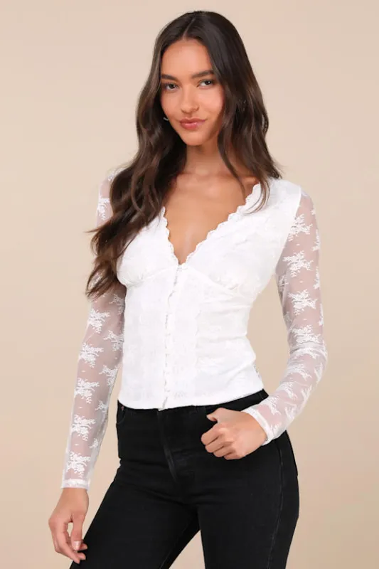 Decadently Sweet White Lace Sheer Back Long Sleeve Top sold by Lulus