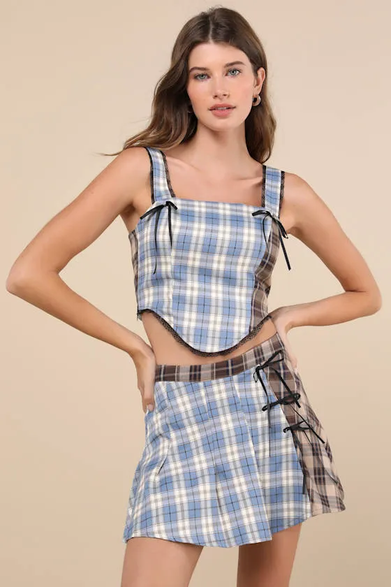 Plaid to Have It Blue and Brown Plaid Patchwork Bow Mini Skirt sold by Lulus
