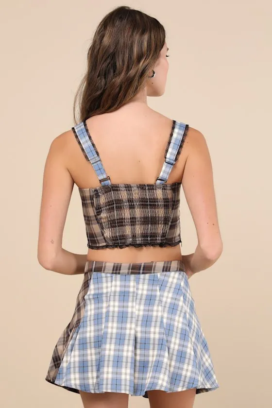 Plaid to Have It Blue and Brown Plaid Patchwork Bow Mini Skirt sold by Lulus product image thumbnail 3