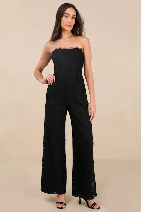 Intriguing Elegance Black Lace Strapless Jumpsuit sold by Lulus
