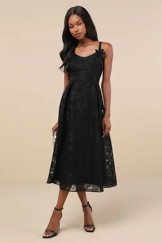 Flirtatious Crush Black Burnout Pleated Bow Midi Dress sold by Lulus