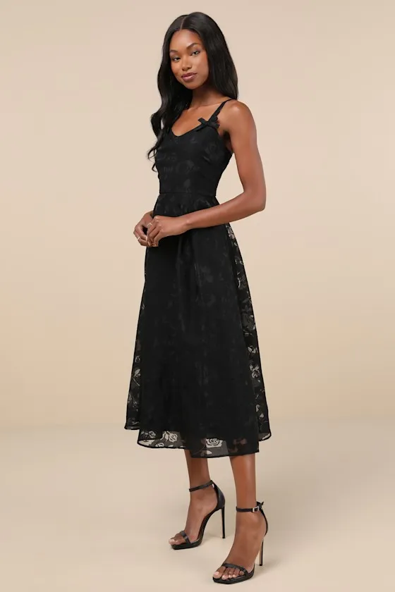 Flirtatious Crush Black Burnout Pleated Bow Midi Dress sold by Lulus product image thumbnail 2