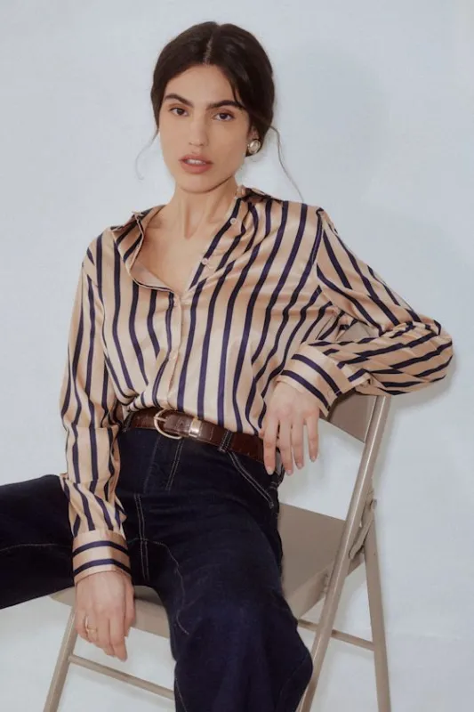 Composed Essence Tan and Blue Striped Satin Button-Up Top sold by Lulus