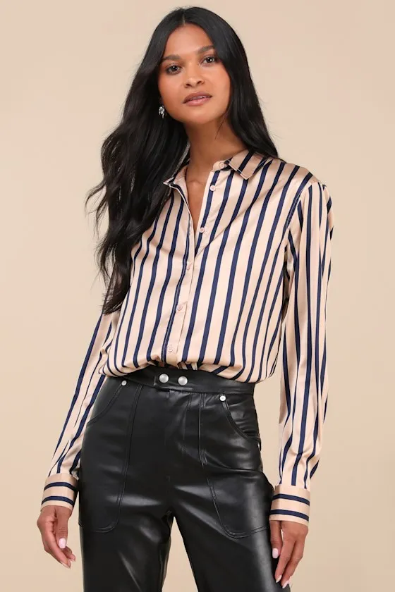 Composed Essence Tan and Blue Striped Satin Button-Up Top sold by Lulus product image thumbnail 2