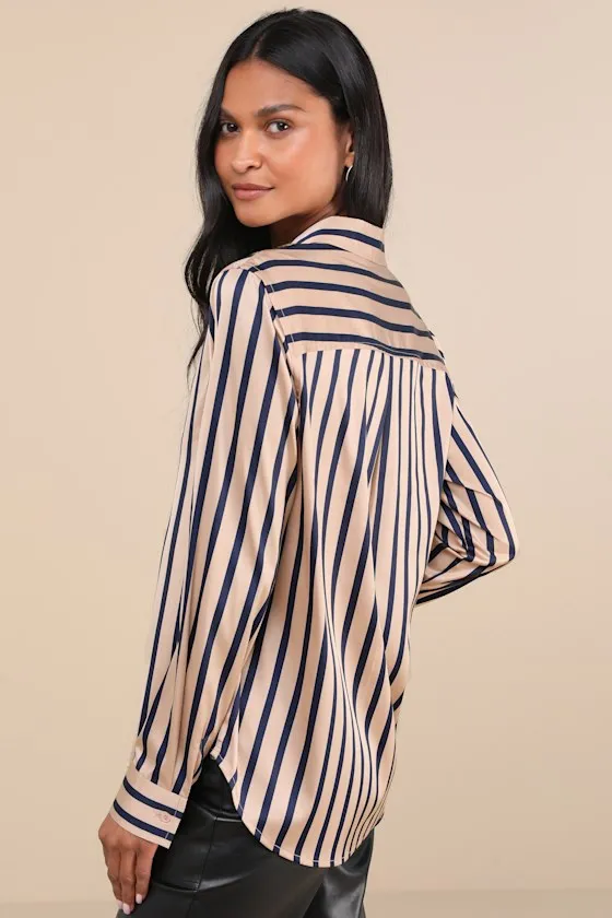 Composed Essence Tan and Blue Striped Satin Button-Up Top sold by Lulus product image thumbnail 3