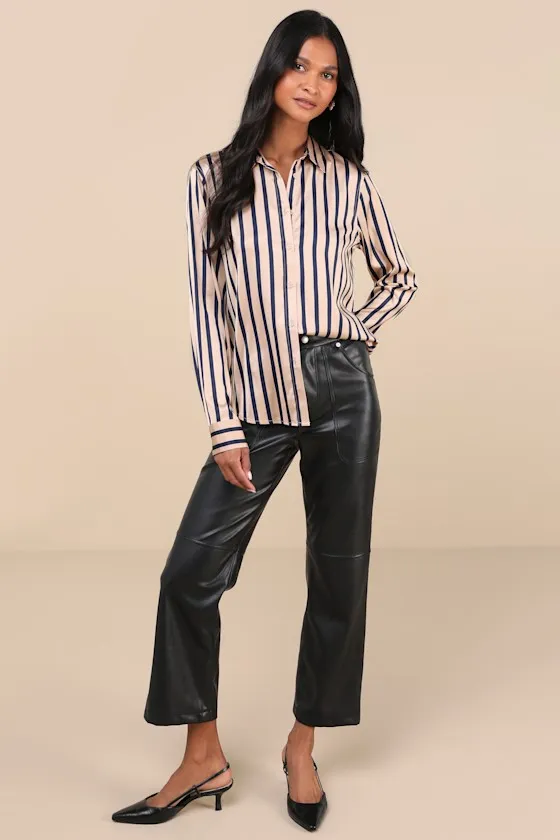 Composed Essence Tan and Blue Striped Satin Button-Up Top sold by Lulus product image thumbnail 4