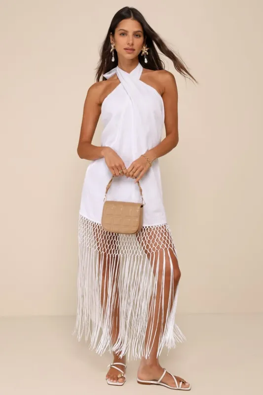 Perfect Sunshine White Linen Fringe Halter Maxi Dress sold by Lulus