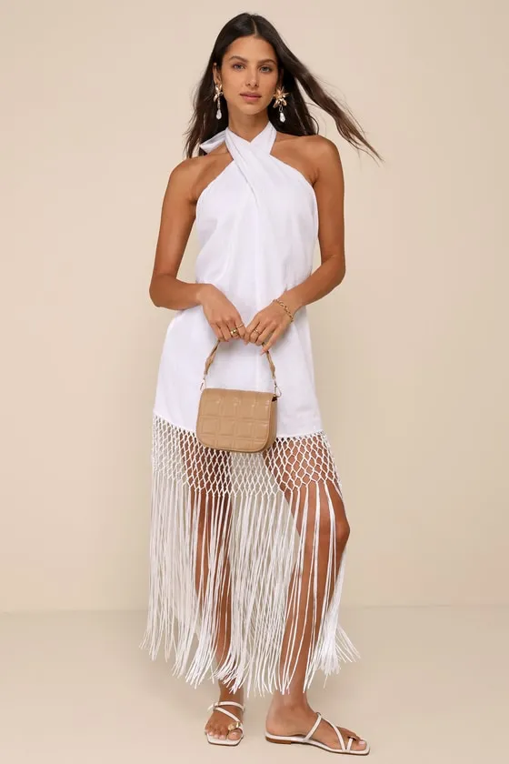 Perfect Sunshine White Linen Fringe Halter Maxi Dress sold by Lulus