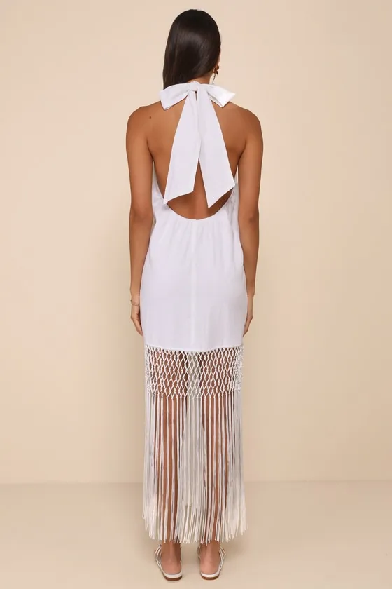 Perfect Sunshine White Linen Fringe Halter Maxi Dress sold by Lulus product image thumbnail 2