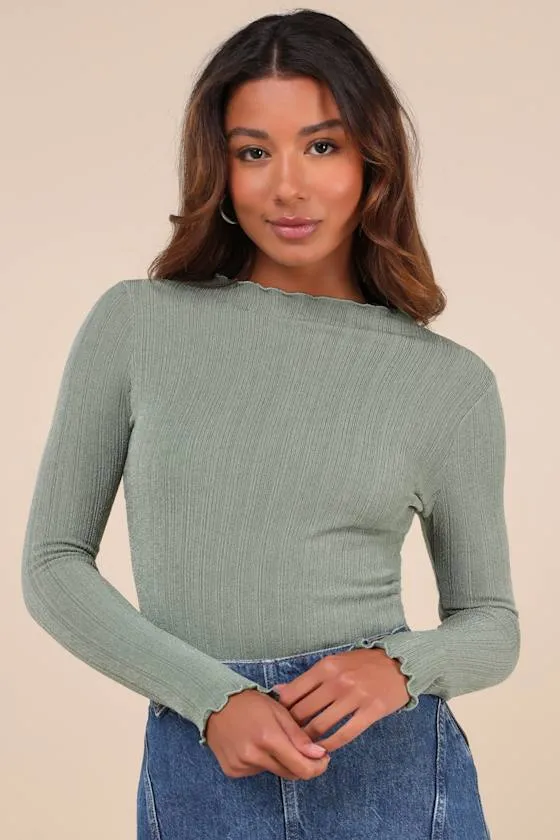 Charmed Vibes Sage Green Ribbed Lettuce Edge Long Sleeve Top sold by Lulus