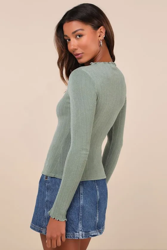 Charmed Vibes Sage Green Ribbed Lettuce Edge Long Sleeve Top sold by Lulus product image thumbnail 2