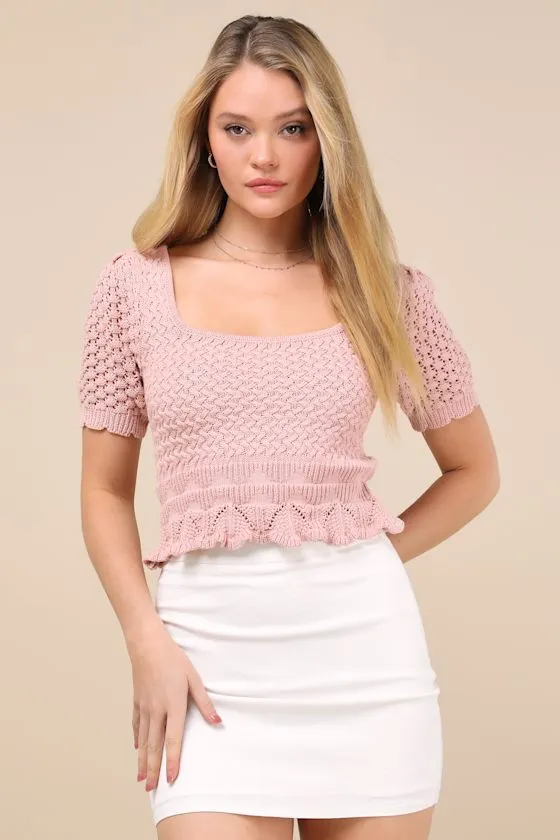 Lucky Cutie Dusty Pink Crochet Short Sleeve Sweater Top sold by Lulus