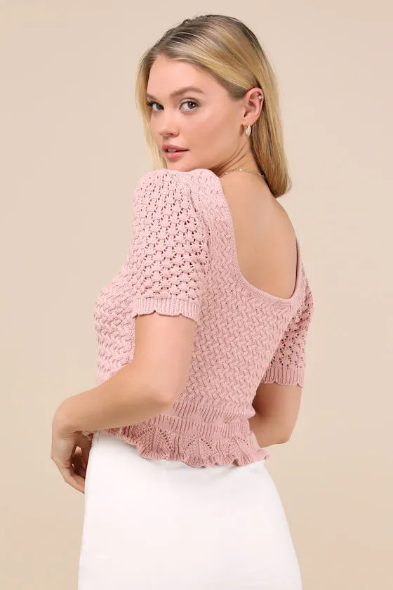Lucky Cutie Dusty Pink Crochet Short Sleeve Sweater Top sold by Lulus product image thumbnail 2