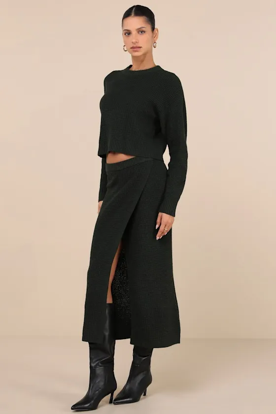 Autumn Sweetheart Dark Green Waffle Knit Two-Piece Sweater Dress sold by Lulus product image thumbnail 2