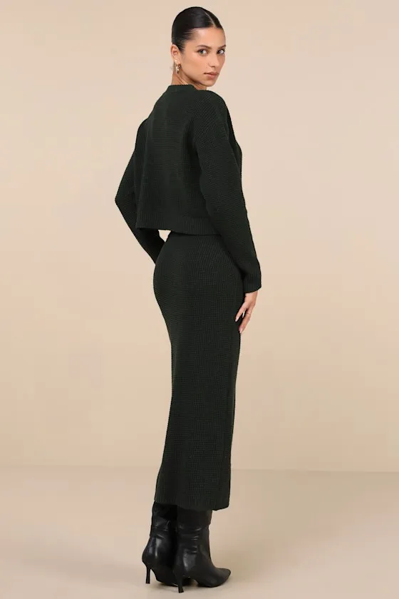 Autumn Sweetheart Dark Green Waffle Knit Two-Piece Sweater Dress sold by Lulus product image thumbnail 3