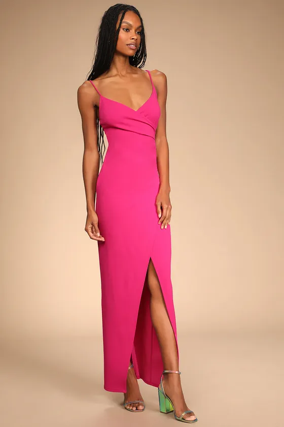 Sweetest Admirer Magenta Ruched Surplice Maxi Dress sold by Lulus product image thumbnail 3