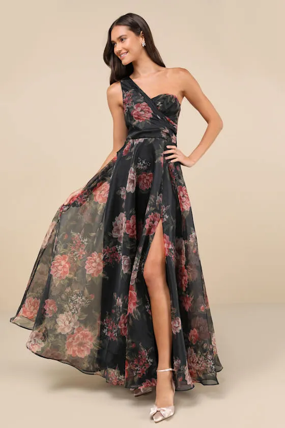 Truly Extraordinary Black Floral Organza One-Shoulder Maxi Dress sold by Lulus
