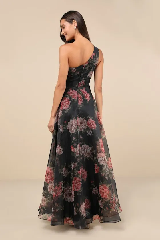 Truly Extraordinary Black Floral Organza One-Shoulder Maxi Dress sold by Lulus product image thumbnail 2