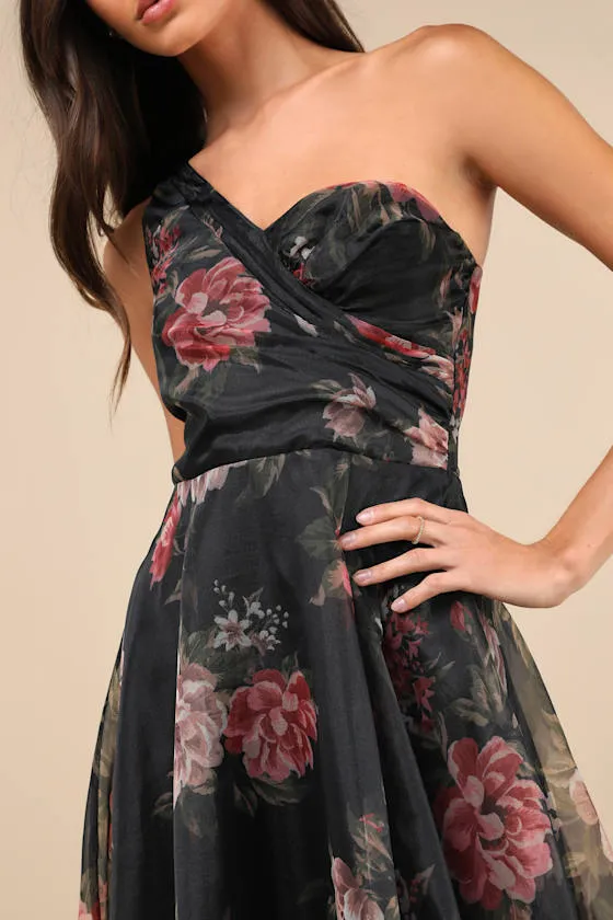 Truly Extraordinary Black Floral Organza One-Shoulder Maxi Dress sold by Lulus product image thumbnail 3