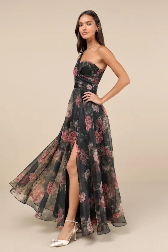 Truly Extraordinary Black Floral Organza One-Shoulder Maxi Dress sold by Lulus product image thumbnail 4