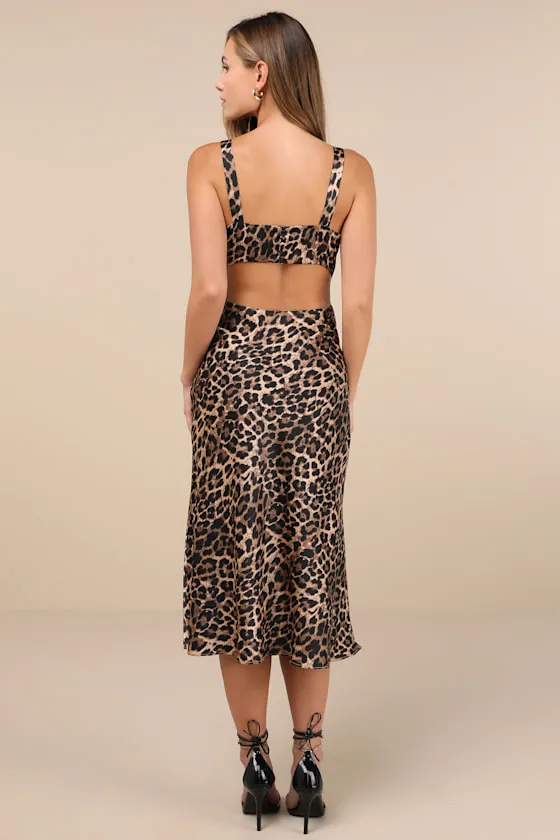 Unmatched Elegance Tan Leopard Satin Sleeveless Midi Dress sold by Lulus product image thumbnail 4