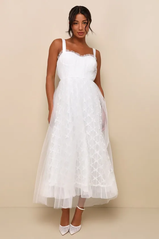 Ethereal Impression White Tulle Ruffled Bustier Midi Dress sold by Lulus