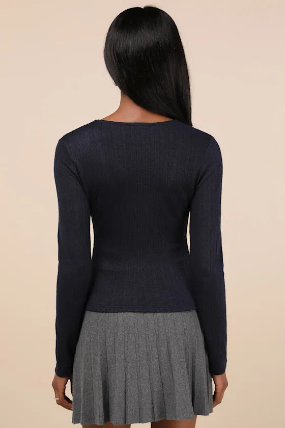 Simple Adoration Navy Pointelle Scoop Neck Long Sleeve Top sold by Lulus product image thumbnail 3