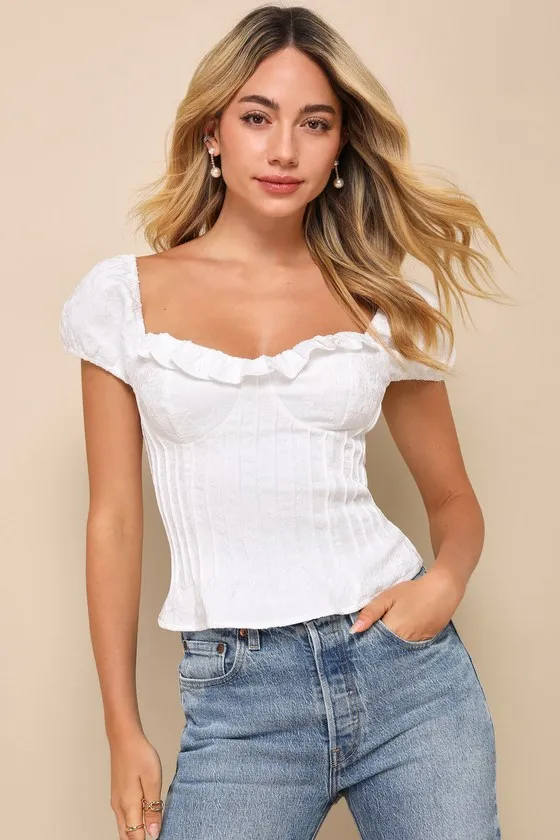 Sweet Poise Ivory Floral Jacquard Lace-Up Puff Sleeve Top sold by Lulus