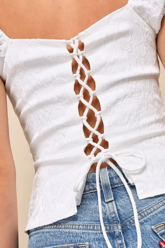 Sweet Poise Ivory Floral Jacquard Lace-Up Puff Sleeve Top sold by Lulus product image thumbnail 4